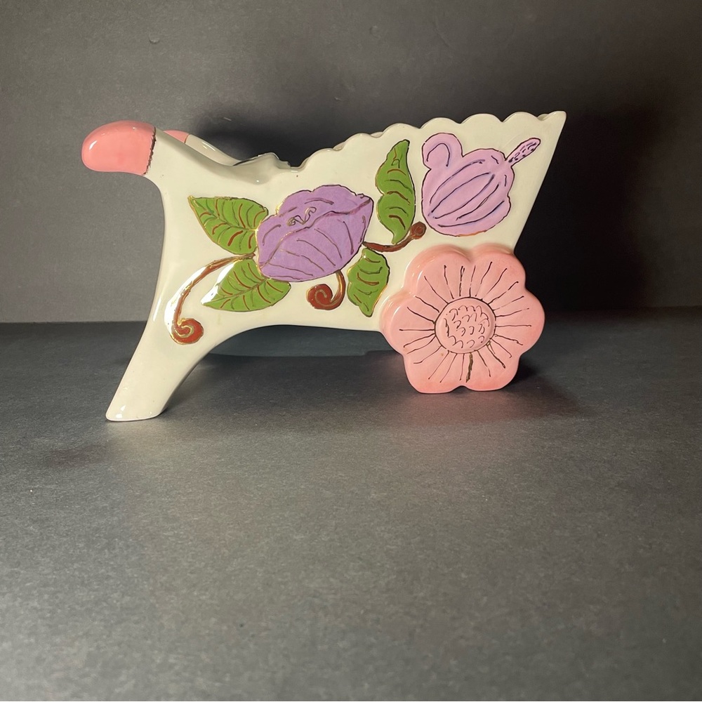Vintage porcelain ceramic wheelbarrow planter hand painted floral & bird design